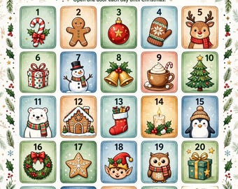 Op de afbeelding: Een Countdown to Christmas adventskalenderposter met 25 genummerde vakjes met kerstafbeeldingen zoals een zuurstok, peperkoekmannetje, sneeuwpop en cadeautjes, omlijst door een rand van hulst- en dennentakken.