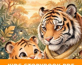 Op de afbeelding: Een digitale illustratie van een volwassen tijger en een tijgerwelp in een weelderige jungleomgeving met gloeiende vuurvliegjes. De tekst onderaan luidt KIDS STORYBOOK PDF. De scène bevat warm goudkleurig licht, groen gebladerte en bomen.