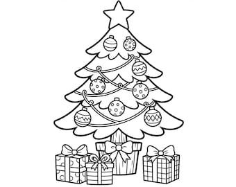 Op de afbeelding: Een zwart-wit lijntekening van een kerstboom in een pot, versierd met diverse ornamenten met patronen en een ster bovenop. Drie cadeauverpakkingen met strikken staan aan de voet van de boompot op de grond.