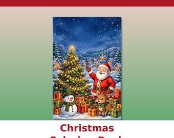 Op de afbeelding: Een printbaar kleurboek met een kersttafereel met een versierde boom, de Kerstman, een sneeuwpop en een rendier omringd door cadeaus onder een sterrenhemel. De tekst luidt PRINTABLE COLORING BOOK en Christmas Coloring Book.