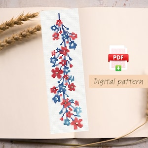 Kreuzstich Stickmuster, skandinavisches Lesezeichen mit Blumen, Frühlings Lesezeichen, Kreuzstich Stickmuster