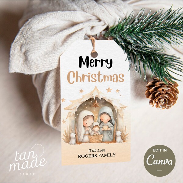 Editable Nativity Christmas Gift Tags For  Family, Printable Nativity Gifts Tags, Canva Holiday Label for Presents, Nativity Tag