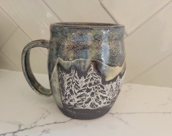 Handmade Light Blue Green Mountain Mug