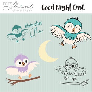 Può includere: Quattro illustrazioni di gufi, due a colori e due in bianco e nero. I gufi colorati sono turchese e viola. I gufi sono tutti in pose diverse. Il testo "Good Night Owl" è nella parte superiore dell'immagine. Il testo "klein aber Uhu" è nell'angolo in alto a sinistra dell'immagine.