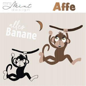 Könnte beinhalten: Zwei Cartoon-Affen, die an Ästen hängen, einer braun und einer schwarz, mit dem Text "alles Banane" und "Affe" in weißen Buchstaben auf beigefarbenem Hintergrund.