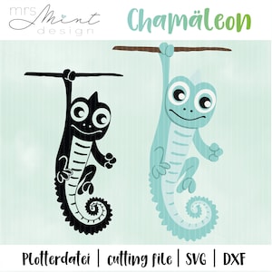 May include: Two cartoon chameleon illustrations, one black and one light blue, hanging from a branch. The chameleon's tails are curled into a spiral. The text "Chameleon" is written in black above the illustrations.
