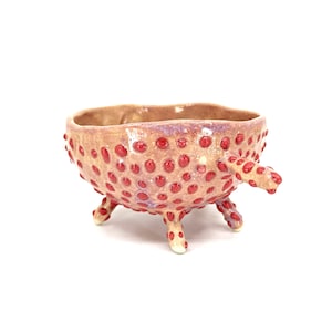 May include: A small, red and brown ceramic bowl with a textured surface and three legs. The bowl is decorated with red dots.