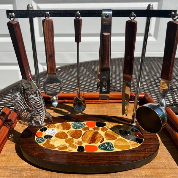 Vintage Mid Century Bar Tool Set Danish style Rosewood, Stainless Steel, and Mosaic Inlay