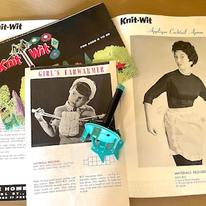 May include: Vintage knitting pattern books with the title "Knit-Wit" and a teal knitting tool. One book features a girl knitting an ear warmer. Another shows a woman wearing an apron. The text "FOR AGES 8 TO 80" is visible.