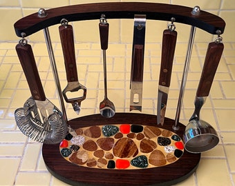 Vintage Mid Century Bar Tool Set Danish style Rosewood, Stainless Steel, and Mosaic Inlay