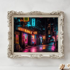 Cyberpunk Neon Alley Wall Art, Futurystyczny wydruk cyfrowy miasta, plakat miejski Sci-Fi, wystrój pokoju gracza, pobieranie cyfrowe, grafika 300 DPI, neon