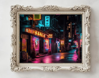 Cyberpunk Neon Alley Print - Futuristische Stadtansicht Wandkunst (Digitaler Download)