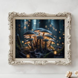 Blauer Pilz Wandkunst, Cottagecore Wandkunst, mystisch leuchtender Wald Druck, digitaler Download, Zauberpilz, Pilzliebhaber, Feenhaus
