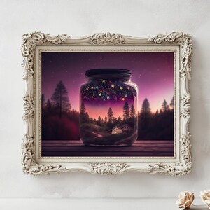 Mason Jar Traumlandschaft Wand Kunst, Fantasy Digitaldruck, Sternennacht Poster, gemütliches Twilight Dekor, Instant Download, 300 DPI, Mason