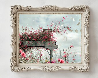 Puede incluir: Un marco blanco de estilo vintage rodea una fotografía de un piano negro con flores rosas que crecen de él. El piano está situado contra un cielo azul con notas musicales blancas flotando a su alrededor.