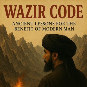 May include: Book cover for "WAZIR CODE" with text "ANCIENT LESSONS FOR THE BENEFIT OF MODERN MAN." The image features a man in a turban looking towards a mountain range with a fire. Author's name, HAROON BANDAWAL, is at the bottom.