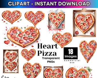 Watercolor Heart Pizza Clipart PNG | Valentine's Day Fast Food Romantic Clipart| Transparent PNG| Commercial Use|CP1