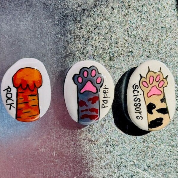 Set of 3 Rock-Paper-Scissors cat refrigerator magnets, hand painted, Cat lover, Cat lady gift, rock paper scissors, magnets. quirky, funny