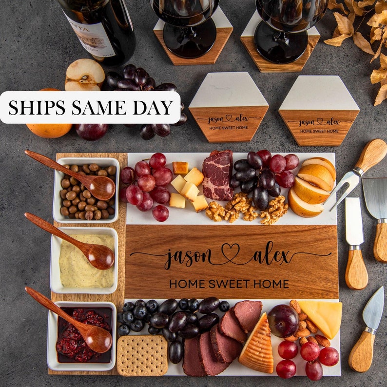 Personalized engraved marble and wood cheese board for couples
