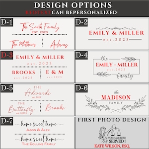 May include: A graphic display showing seven numbered design options for personalized text. The text includes names like The Smith Family, Emily & Miller, and The Madison Family, with red and black lettering on a light background.