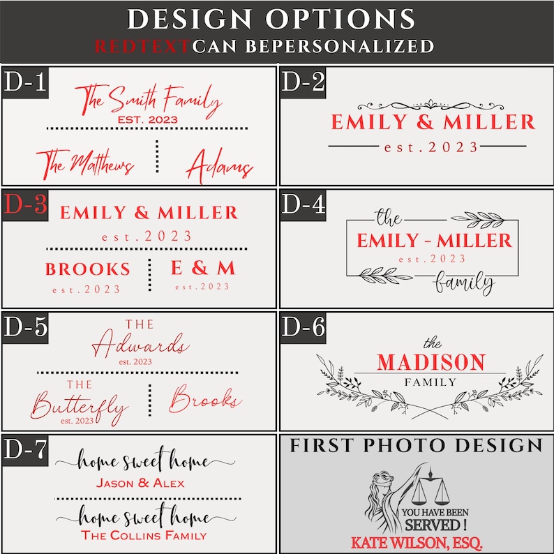 May include: A graphic display showing seven numbered design options for personalized text. The text includes names like The Smith Family, Emily & Miller, and The Madison Family, with red and black lettering on a light background.