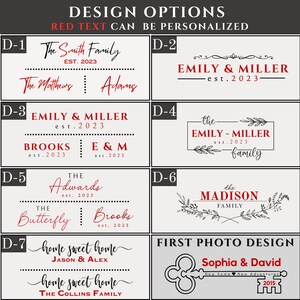 May include: A graphic design template for a housewarming gift. The design options include different fonts and layouts for names, dates, and family names. The first photo design features a key with the text "Sophia & David" and "New home New Adventures 2015".