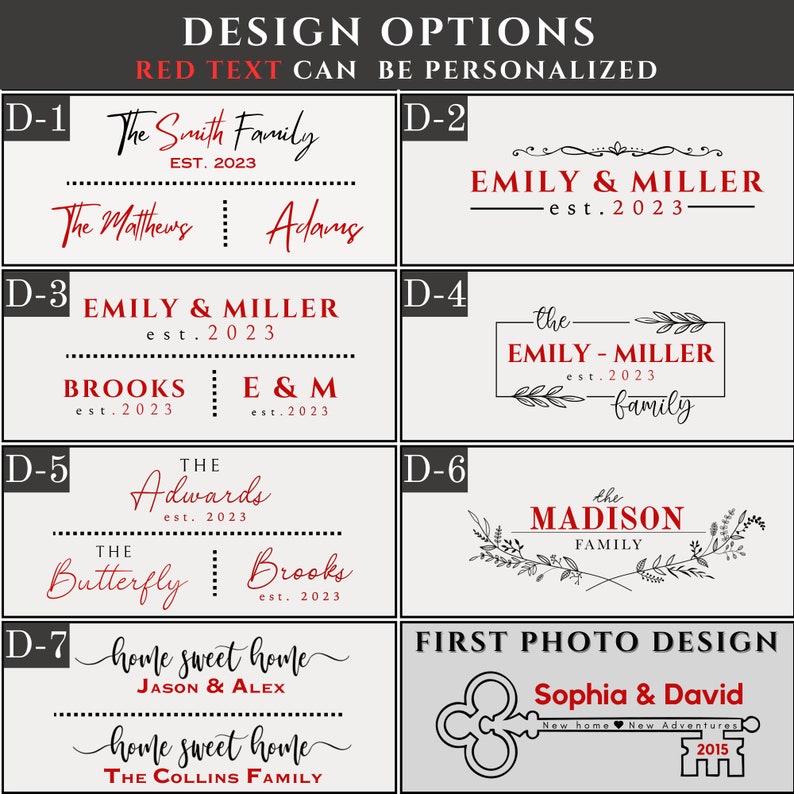 May include: A graphic design template for a housewarming gift. The design options include different fonts and layouts for names, dates, and family names. The first photo design features a key with the text "Sophia & David" and "New home New Adventures 2015".