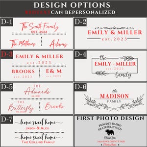 May include: A grid of seven personalized design options labeled D-1 through D-7, featuring black and red text on a light gray background. The text includes family names, dates, and decorative elements like leaves and lines. The header reads DESIGN OPTIONS.