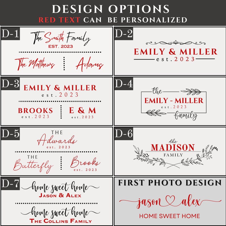 Może przedstawiać: Siedem r&oacute;żnych opcji projektu dla spersonalizowanego znaku dekoracyjnego do domu. Projekty zawierają r&oacute;żne czcionki, style i układy, w tym imiona, daty i frazy takie jak "home sweet home". Tekst jest czerwony, a tło białe.