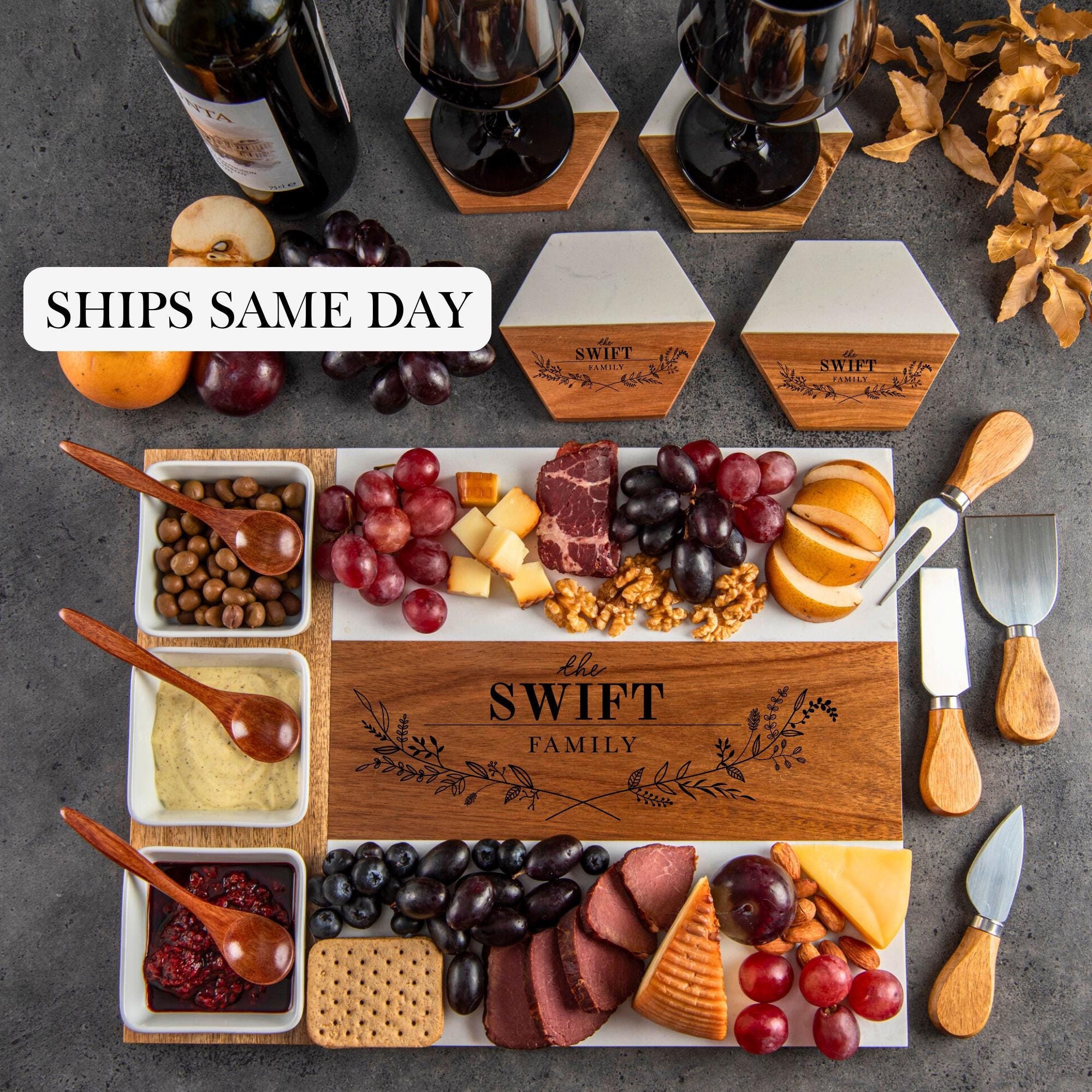 Miicol Monogram Wood Cheese Board Set With Spreader - Initial Letter K, Natural Oak, 10x7.5 Inch