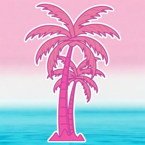 May include: A pink palm tree illustration with a white outline against a pink and blue gradient background.