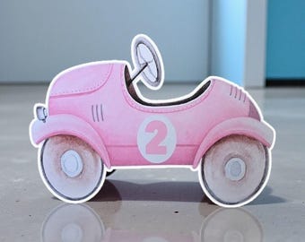 Vintage Pink Car Cutout Centerpiece Sign Backdrop, Party Decorations, Personalized age.