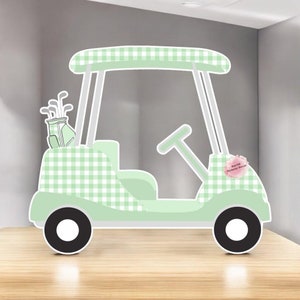 Golf cart party prop sign baby shower cutout centerpiece backdrop gender reveal golf cart pastel green gingham checker Party decorations.