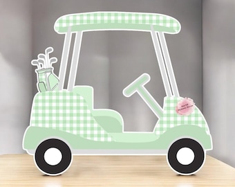 Golf cart party prop sign baby shower cutout centerpiece backdrop gender reveal golf cart pastel green gingham checker Party decorations.