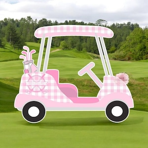 Golf cart party prop sign baby shower cutout centerpiece backdrop gender reveal birthday golf cart pink gingham checker Party decorations.