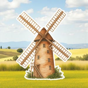 May include: Watercolor illustration of a windmill with four blades, a brown roof, and a light brown body. The windmill has small windows and a ladder. The background features a yellow field, green grass, and a blue sky with clouds.