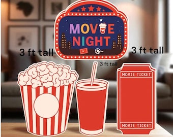 May include: A set of four movie-themed cutouts including a sign reading MOVIE NIGHT, a popcorn bucket, a drink cup with a straw, and a movie ticket. The sign measures 40 inches wide by 36 inches tall, and the other items are 3 feet tall.