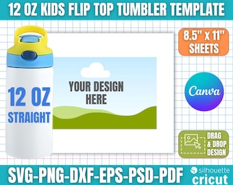 12oz Flip Top Kids Water Bottle Template, Flip Top Tumbler Template, Tumbler Template Svg, Straight, Sublimation Template, Canva Editable
