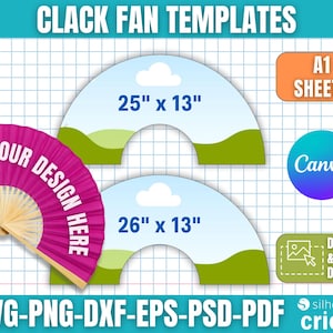 Może przedstawiać: Różowy wachlarz z napisem "YOUR DESIGN HERE" obok dwóch szablonów wachlarzy. Szablony są niebieskie z chmurami i zielonymi wzgórzami, a wymiary to 63,5 cm x 33 cm i 66 cm x 33 cm. Obraz zawiera również tekst "SVG-PNG-DXF-EPS-PSD-PDF".