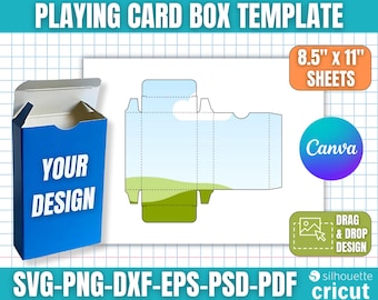 May include: A blue playing card box template with the words "YOUR DESIGN" in white. The image includes a flat template design with a landscape graphic, and text that reads "8.5" x 11" SHEETS", "Canva", and "DRAG & DROP DESIGN".
