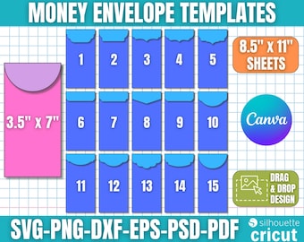 Peut inclure: Modèles numériques d'enveloppes pour argent. L'image présente une enveloppe rose de 8,9 cm x 17,8 cm et des enveloppes bleues numérotées de 1 à 15. Le design est pour des feuilles A4 et inclut les logos Canva et Cricut.