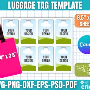 May include: A pink luggage tag, 2.4" x 3.8", with a black strap, next to a sheet of luggage tag templates. The templates feature a sky and landscape design with the text "YOUR DESIGN". The image also includes the text "LUGGAGE TAG TEMPLATE" and "8.5" x 11" SHEETS".