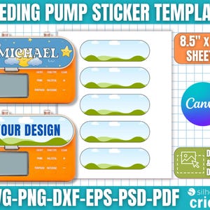 May include: Orange feeding pump sticker template with the text "MICHAEL" and "YOUR DESIGN". Includes a sheet of 8.5" x 11" stickers with a landscape design. The design is compatible with SVG, PNG, DXF, EPS, PSD, and PDF formats.