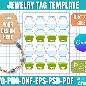 May include: A jewelry tag template with the text "JEWELRY TAG TEMPLATE" at the top. The design includes a brown tag with "YOUR DESIGN HERE" and a bracelet. There are also multiple white tags with a green and blue design. The image also includes the text "8.5" x 11" SHEETS".