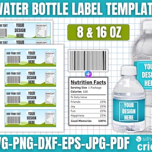 Op de afbeelding: Een sjabloon voor waterflesetiketten met de tekst "WATER BOTTLE LABEL TEMPLATE". De afbeelding bevat etiketten, waterflessen en een voedingswaardelabel. De etiketten zijn ontworpen voor flessen van 237 en 473 ml.