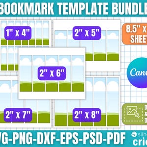 May include: A digital bookmark template bundle with various sizes, including 1" x 4", 2" x 5", 2" x 6", 2" x 7", and 2" x 8" options. The design includes a landscape scene and is compatible with Canva, Silhouette, and Cricut. The bundle is available in SVG, PNG, DXF, EPS, PSD, and PDF formats.