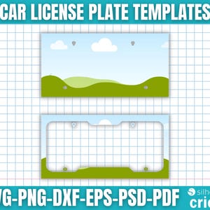 K&ouml;nnte beinhalten: Zwei Vorlagen f&uuml;r Kfz-Kennzeichen mit Landschaftsdesign. Die obere Vorlage ist ein komplettes Kennzeichen, und die untere ist ein Rahmen. Das Design umfasst einen blauen Himmel mit Wolken, gr&uuml;ne H&uuml;gel und den Text "CAR LICENSE PLATE TEMPLATES".
