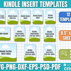 May include: A digital design template set for Kindle inserts. The image features 12 templates for various Kindle models, including Basic, Paperwhite, and Oasis. The templates are designed for 21.59 cm x 27.94 cm sheets and are compatible with SVG, PNG, DXF, EPS, PSD, and PDF formats.