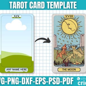 May include: A tarot card template with two card designs. One card features a landscape with a cloud and the text "ANY NAME HERE". The other card is "THE MOON" tarot card with a sun and moon design. The image includes the text "TAROT CARD TEMPLATE".