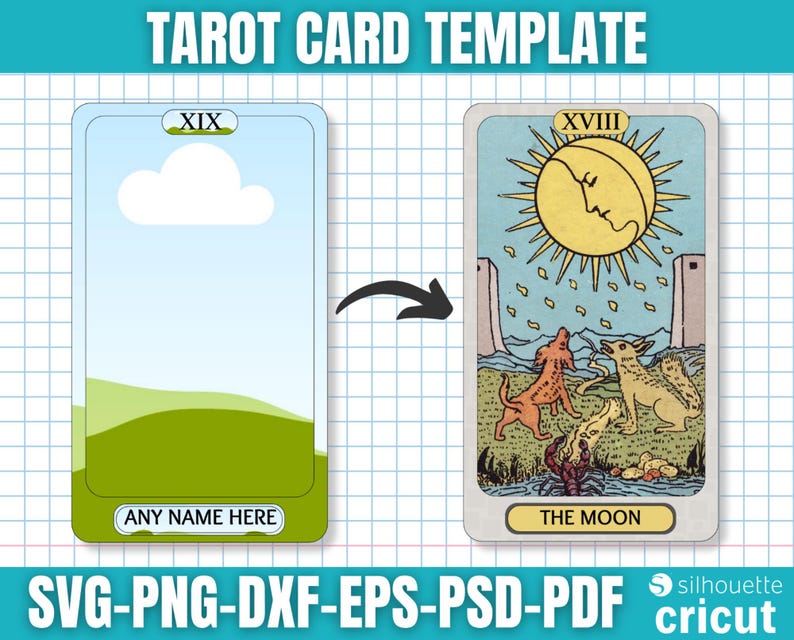 May include: A tarot card template with two card designs. One card features a landscape with a cloud and the text "ANY NAME HERE". The other card is "THE MOON" tarot card with a sun and moon design. The image includes the text "TAROT CARD TEMPLATE".